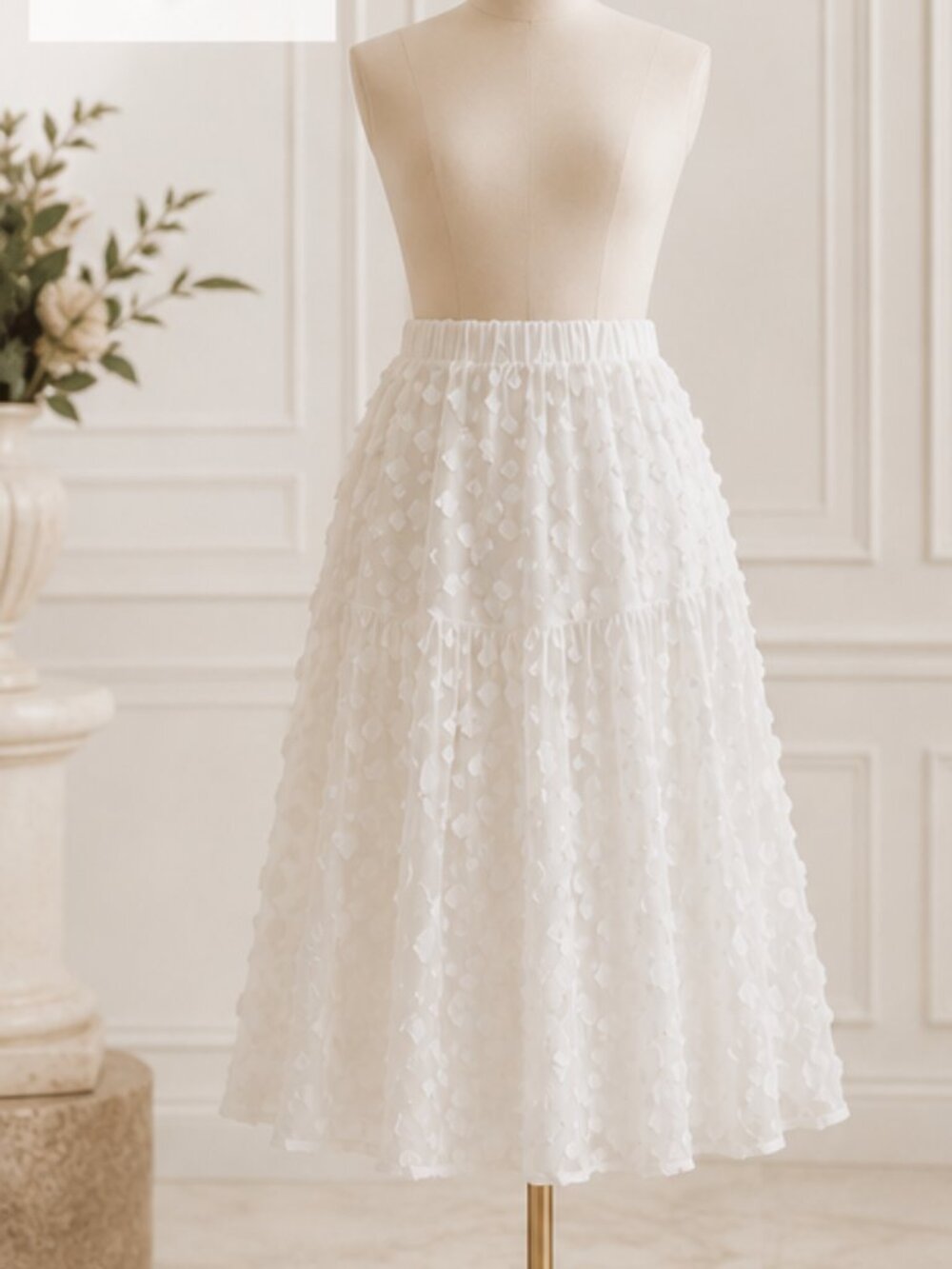 White 3D Floral Textured Midi Skirt NWT Romantic Cottagecore Garden Party Large